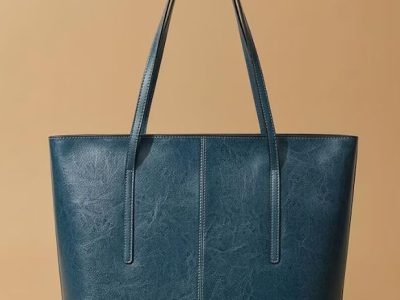 Blue Genuine Leather Tote Bag